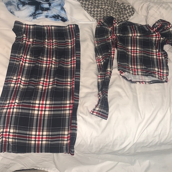 plaid midi skirt set